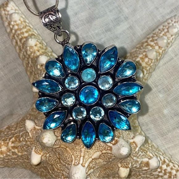 Blue Topaz multi-gem handcrafted statement flower pendant - Picture 2 of 7